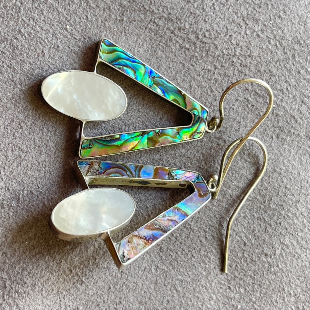 SOLD Vintage Abalone and Mother of Pearl Big Geometric Dangle Earrings Silver - Picture 9 of 9